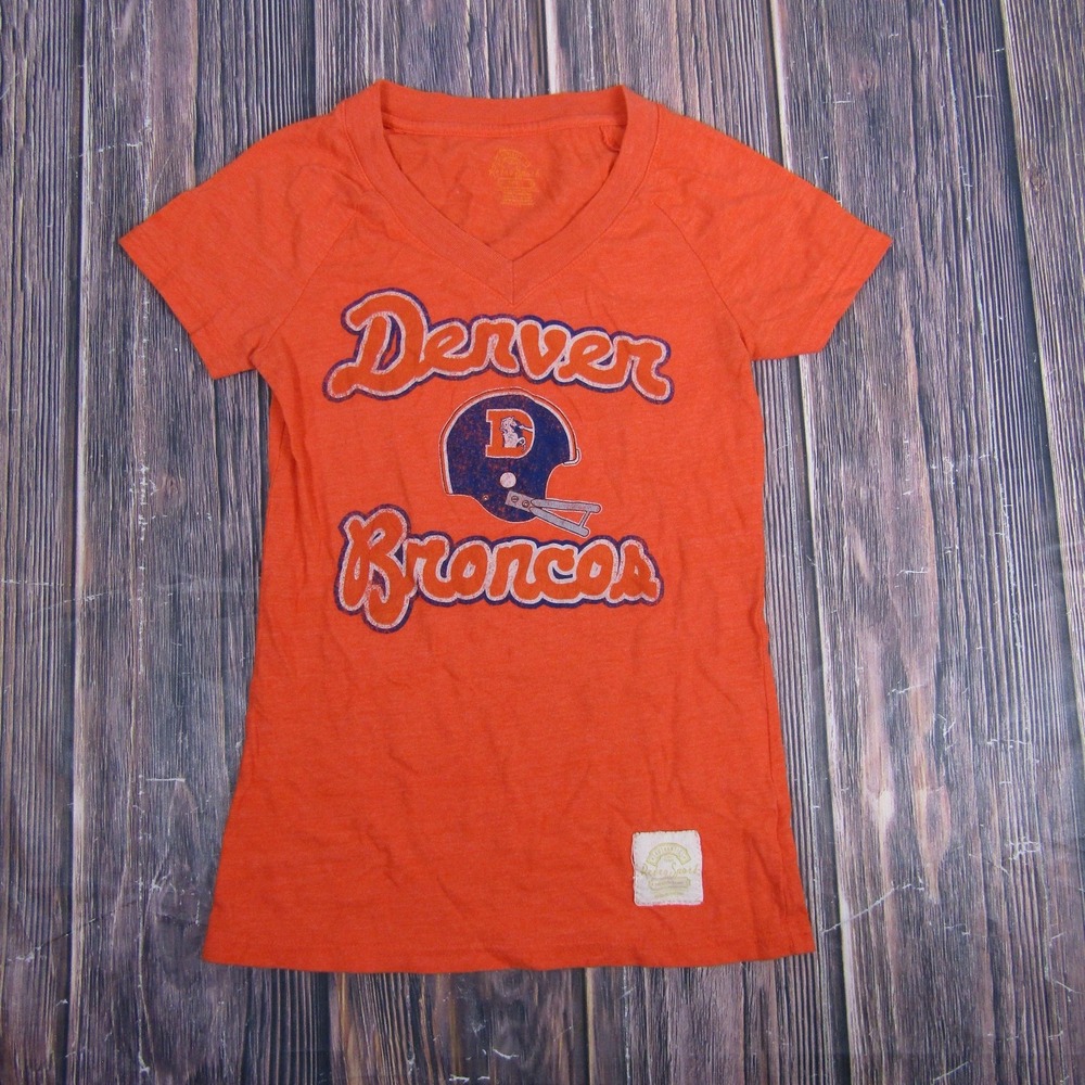 Denver Broncos Shirt Womens Orange NFL Football V Neck Script Retro Sport Tee